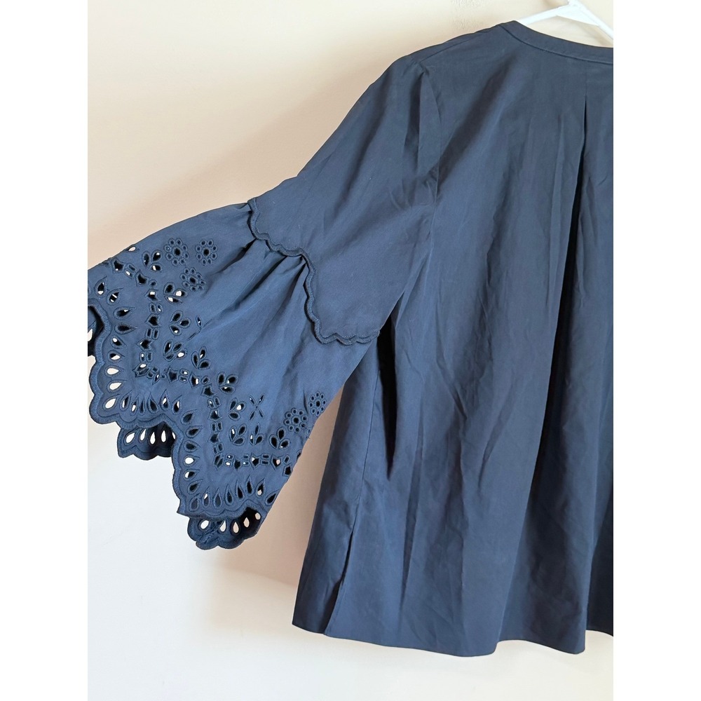 Kobi Halperin Eyelet Bell Sleeve Blouse Womens Small Navy Blue Pintuck Tassel - Picture 5 of 10